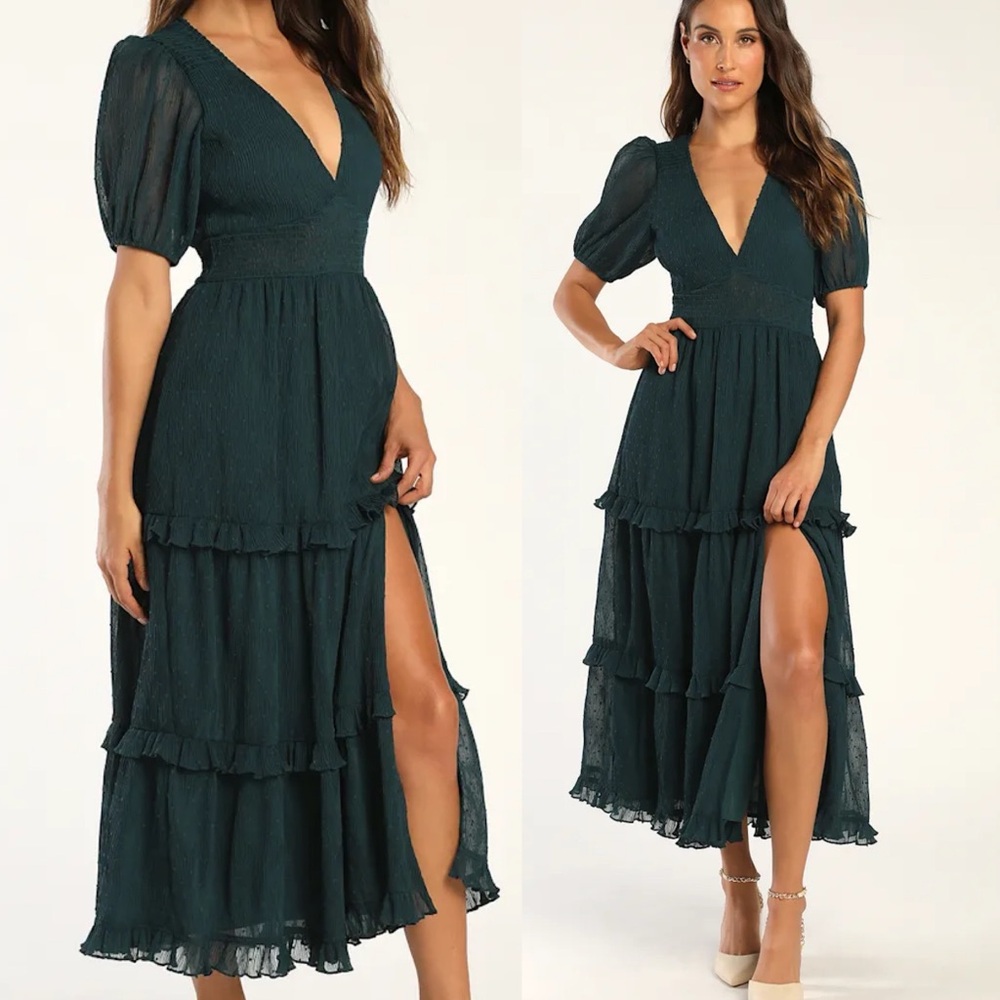 Lulu's Deep Teal Tiered V-Neck Maxi Dress